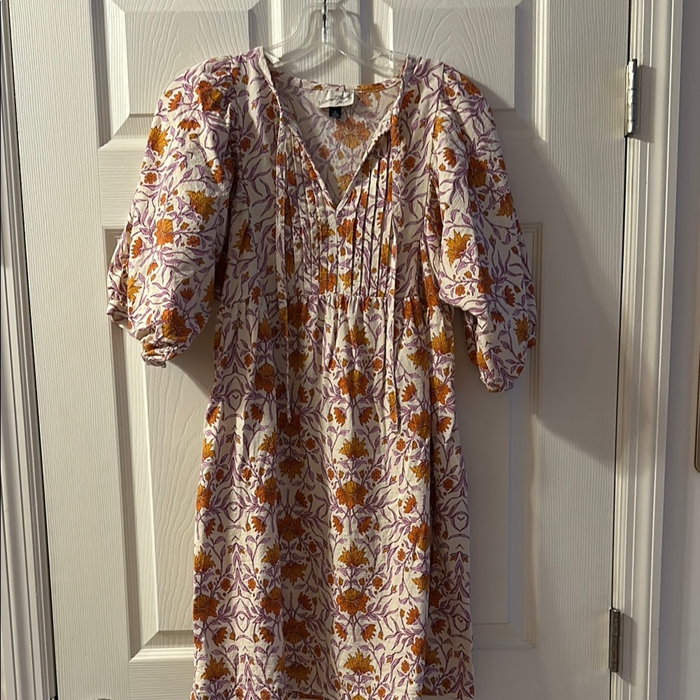 Multicolored midi sundress with smocked ruffled tie front and puff sleeves